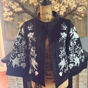 TED BAKER LONDON designer satin embroidered black white modern jacket M 6 8